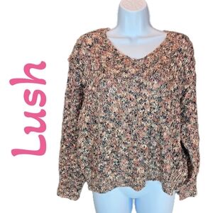 Lush Long Sleeve Sweater Sz S Multicolor Loose Knit Exposed Seams V-Neck Cozy